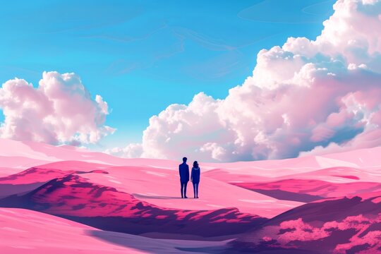A couple gazes in awe at the breathtaking expanse of nature, surrounded by billowing clouds and majestic mountains, as they stand on the barren desert landscape beneath the vast and ever-changing sky