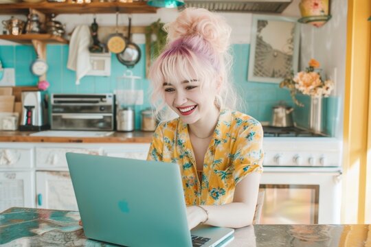 A young woman sits at a table in her kitchen, smiling as she uses her laptop, surrounded by indoor furniture and a wall adorned with personal touches