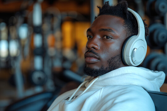 An African American athlete listens to music on headphones while sitting on a bench in the gym after training.