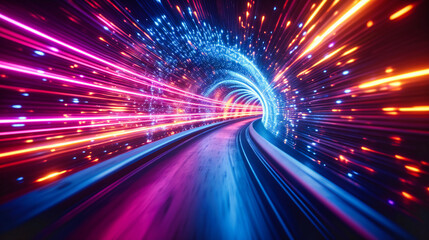 Speeding through a city at night, capturing the essence of motion, urban life, and transportation in a dynamic and colorful light-trail display - obrazy, fototapety, plakaty