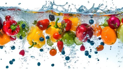 Fresh multi fruits and vegetables splashing into blue clear water splash healthy food diet freshness concept isolated on white