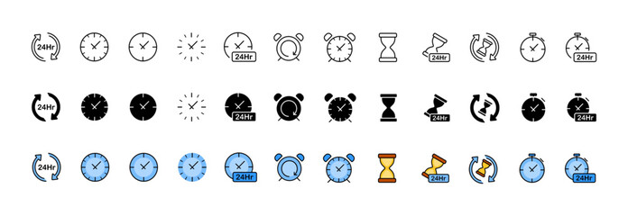 Clock icon collection. Time set. Linear, silhouette and flat style. Vector icons