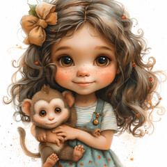 Cute girl with curly hair with a shiny bow, in a menthol T-shirt with strawberries, skirt with pockets, striped tights and shoes with clasps, hugging a big Cute Monkey