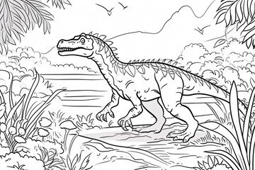 Fototapeta premium Baryonyx Dinosaur Black White Linear Doodles Line Art Coloring Page, Kids Coloring Book