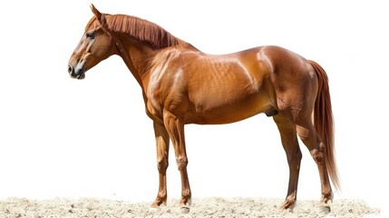 Obraz premium Chestnut Horse Standing Profile on White Background