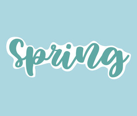 Sticker with text of colorful set. This expressive sticker highlight the affirmative "spring" message in a spirited cartoon style against a calming blue backdrop. Vector illustration.