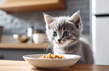 Gray kitten eats food from a bowl in the kitchen.