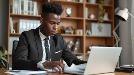 A focused businessman in a suit is working at a desk with a laptop and documents in a well-organized office space.