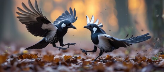 Magpies in combat near East Grinstead - obrazy, fototapety, plakaty