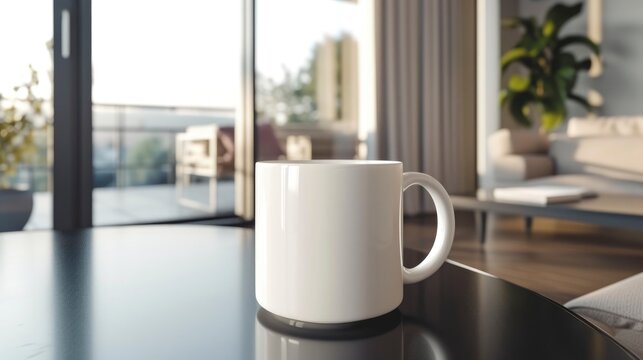 In a minimalist Scandinavian living room, a white mug is placed on a sleek coffee table, complementing the clean aesthetic, mug mock-up 