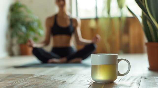 In a yoga studio, after a rejuvenating session, a yogi relaxes with a white mug of green tea, promoting mindfulness and self-care,  Mug mock-up 