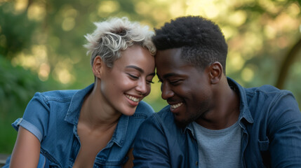 Fototapeta premium middle-aged couple is sharing a close, joyful moment, laughing and affectionately resting their heads together outdoors with a blurred green background.