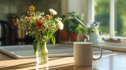 a sunlit kitchen counter, a white mug is placed beside a vase of fresh flowers, creating a simple yet charming morning scene,  Mug mock-up 