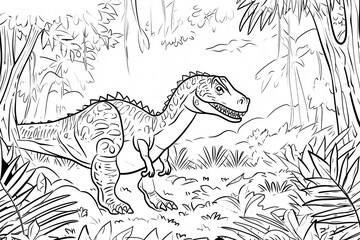 Baryonyx Dinosaur Black White Linear Doodles Line Art Coloring Page, Kids Coloring Book