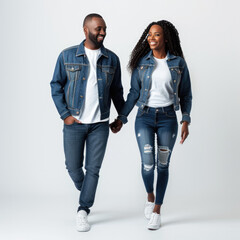 African couple wearing Casual attire, walking forward, white background
