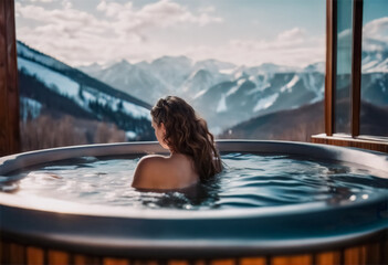 Riposo invernale- Giovane donna nel vasca idromassaggio con vista sulle montagne - obrazy, fototapety, plakaty