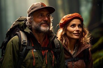 Fototapeta premium Couple of mountaineers walking in the foreground