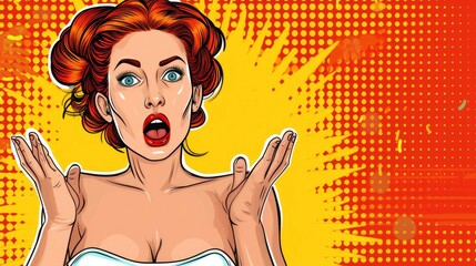 Pop Art illustration of a surprised young attractive woman with hands up and open mouth with text space