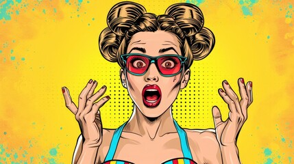 Pop Art illustration of a surprised young attractive woman with hands up and open mouth with text space - obrazy, fototapety, plakaty