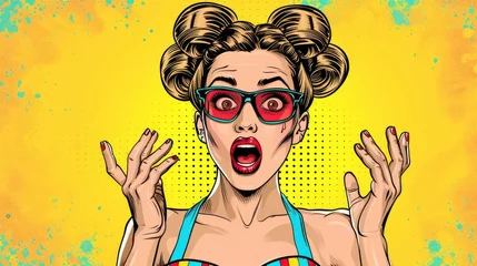Tuinposter Pop Art illustration of a surprised young attractive woman with hands up and open mouth with text space © Wasp's Art