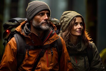 Fototapeta premium Couple of mountaineers walking in the foreground