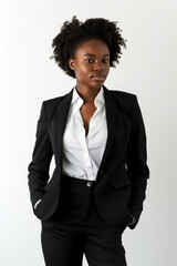 African woman wearing Business attire, standing, white background