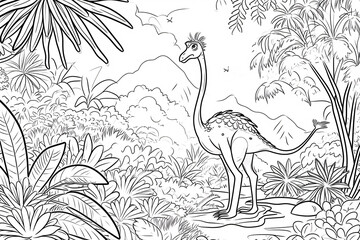 Naklejka premium Gallimimus Dinosaur Black White Linear Doodles Line Art Coloring Page, Kids Coloring Book