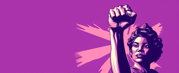 Raised purple fist of a woman for international women's day and the feminist movement. March 8 for feminism, independence, freedom, empowerment, and activism for women rights horizontal background,