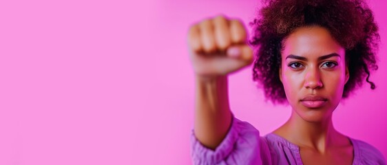 Naklejka premium woman raising fist for international women's day and the feminist movement. March 8 for feminism, independence, freedom, empowerment, and activism for women rights horizontal background,