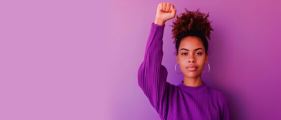 woman raising  fist  for international women's day and the feminist movement. March 8 for feminism, independence, freedom, empowerment, and activism for women rights horizontal background, - obrazy, fototapety, plakaty