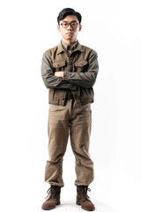 Naklejka premium Asain man wearing Vintage attire, standing , white background