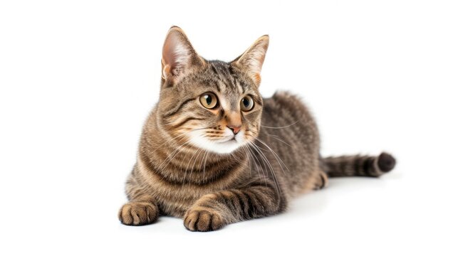 Striped mixed-breed cat sitting, isolated on white