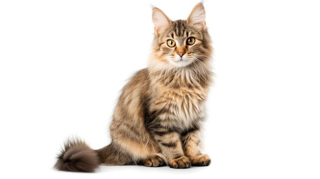 Striped mixed-breed cat sitting, isolated on white