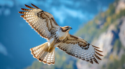 Majestic hawk soaring above a mountainous landscape