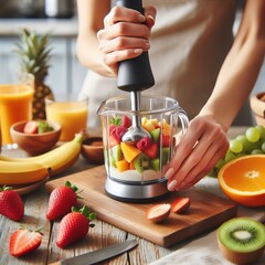 Female hands use a hand blender to mix fresh fruits in the kitchen
