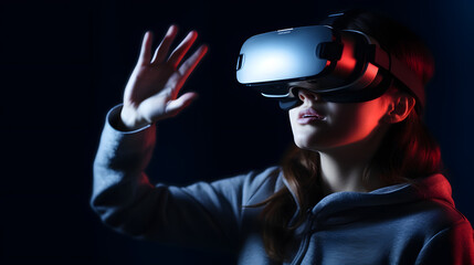 Young woman using glasses of virtual reality on dark background. Smartphone using with VR headset,virtual reality,future technology. generative AI.