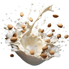 Almond milk drink, nuts, cream and dairy splash.  healthy lactose free beverage with nuts pouring down in white liquid with drops and seeds,  milk drink. 
