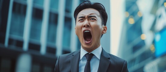 A young Asian businessman, dressed formally with an unexpected touch, expresses frustration and anger while outside his office.