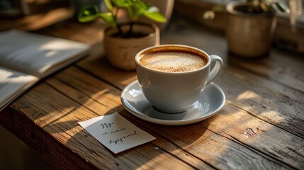 fresh cup of coffee with tag on wooden table, retro style