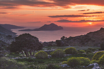 Sunset over the mountains and the Aegean sea