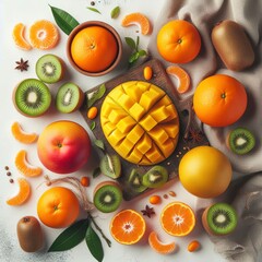 Fresh fruits mango, tangerines kiwi on a white background