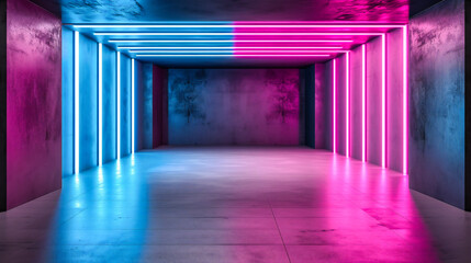 Futuristic neon-lit room with vibrant blue and pink lights, creating a modern and electric...