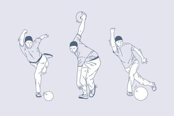 Set of outline illustrations of playing bowling