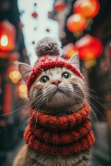 Adorable cat in a knitted hat and scarf with festive lights in the background