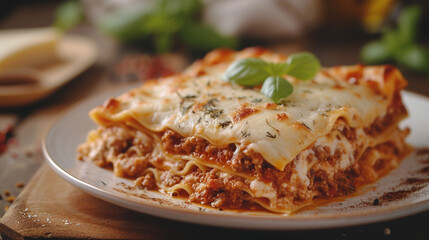 Illustration of food, lasagna beautifully served on a plate, Italian cuisine, close-up, soft lighting, blurred kitchen in the background, warm color palette, culinary art.