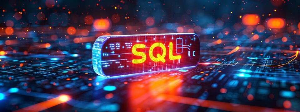 'SQL' text on a digital circuit board background