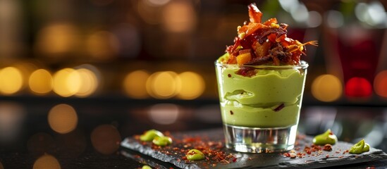 Avocado mousse, surimi, and dried tomatoes served in a shot glass.