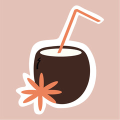 Sticker of colorful set. Demonstration of the summer joy with this adorable cocktail sticker, featuring a fun cartoon design and a pastel backdrop. Vector illustration.