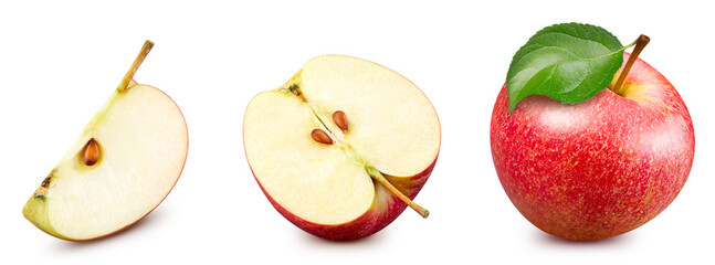 Red apple whole and cut in half with leaf isolated on white background. Apple Clipping Path. Full depth of field.
