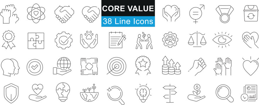 Core Value 38 Line Icons, business ethics, corporate culture, quality assurance, teamwork symbols, black outlines on white background, distinct representation of corporate values